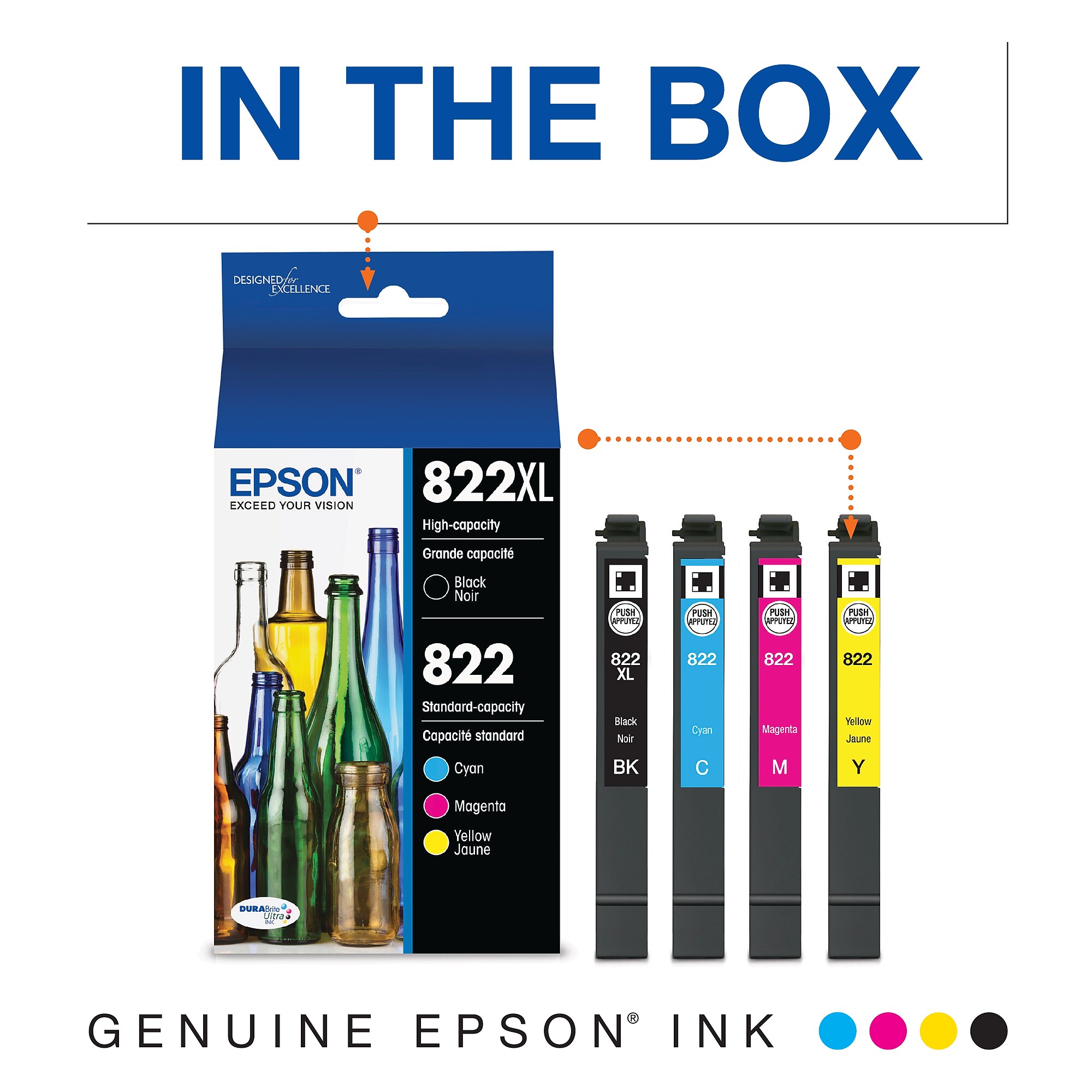 Epson T822XL/T822 Black High Yield and Cyan/Magenta/Yellow Standard Yield Ink Cartridges, 4/Pack (T822XL-BCS) Sansujyuku sansujyuku.com