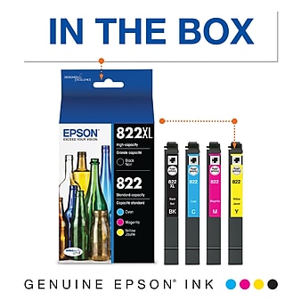 Epson T822XL/T822 Black High Yield and Cyan/Magenta/Yellow Standard Yield Ink Cartridges, 4/Pack (T822XL-BCS)