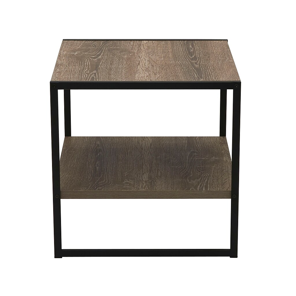 Front view of end table showing side frame and two shelves