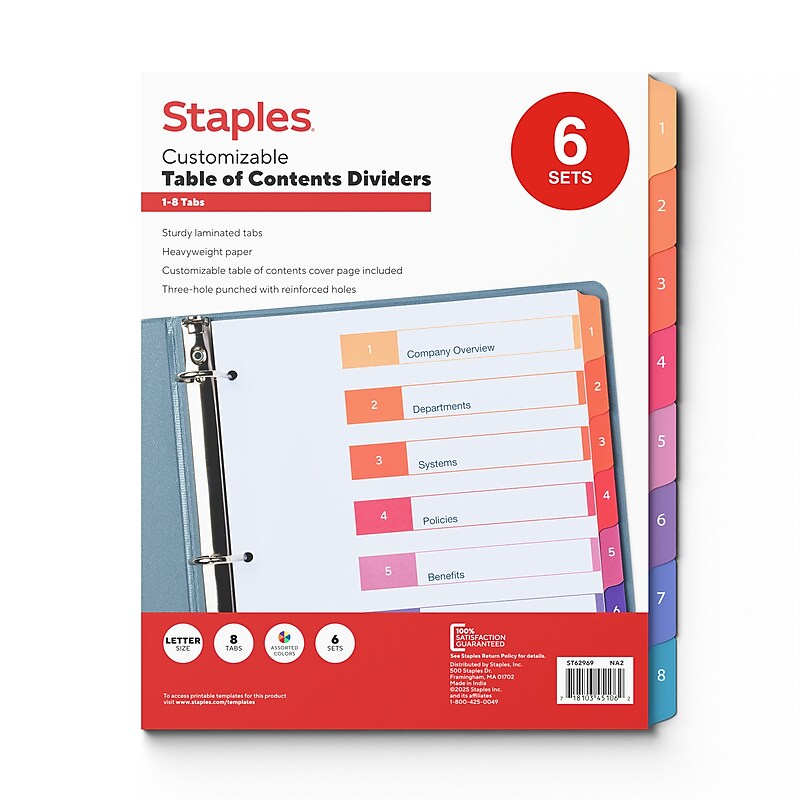 Staples Customizable Table of Contents Numeric Dividers, 8-Tabs, 6 Sets, Multicolor (ST62969) image 1