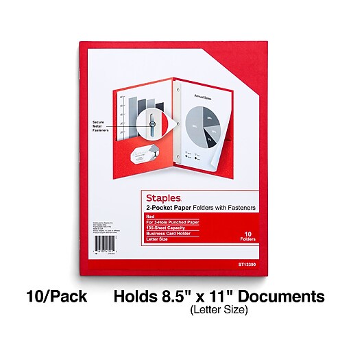 Staples Paper 2Pocket Folders with Fasteners, Red, 10/Pack (13390US
