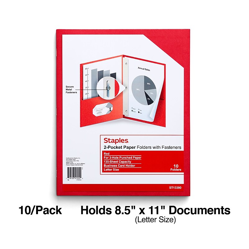Staples 10% Recycled Smooth 2-Pocket Paper Presentation Folder with Fasteners, Red, 10/Pack (13390-US) image 1