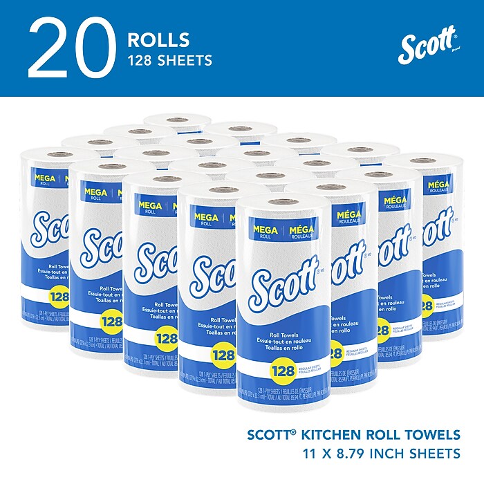 Scott Recycled Paper Towels, 1-ply, 128 Sheets/Roll, 20 Rolls/Pack