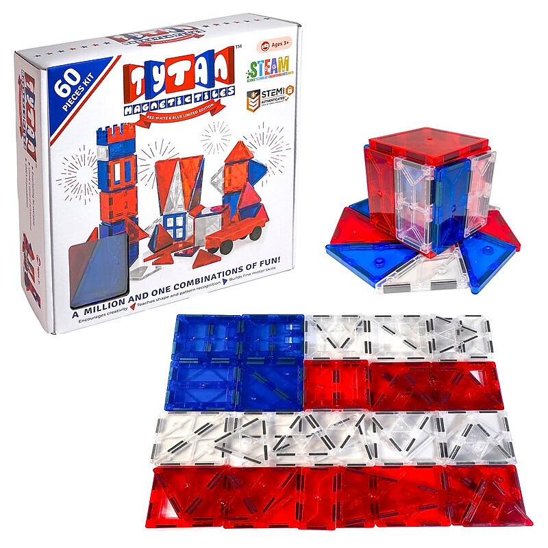 Tytan Toys Red White & Blue Magnetic Tiles & Building Blocks, 60 Pieces/Kit (ACTYT019) image 1