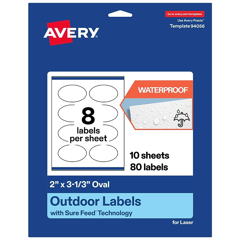 Avery Waterproof Oval Laser Multipurpose Labels, 2" x 3-1/3", White, 80/Pack (19479399188) image 1
