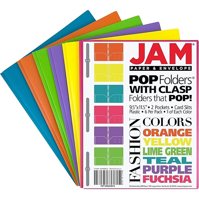 JAM Paper POP 2-Pocket Plastic Folders with Metal Prong Fasteners