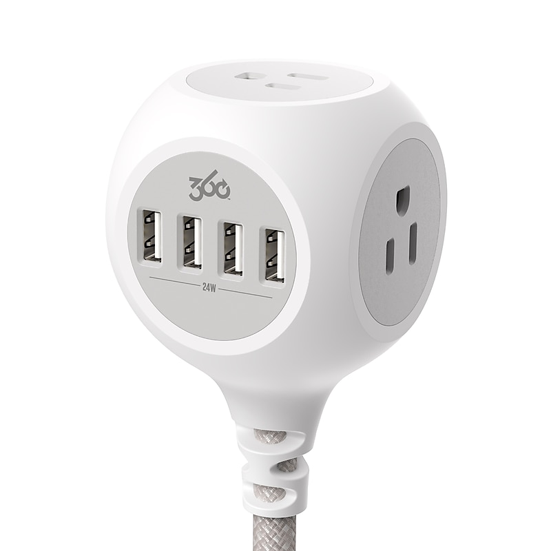 360 Electrical PowerBall 24W 3-Outlet 4-USB-A Port Braided Charging Hub, 6', Luna Gray (3E0780-WLG6NA) image 1