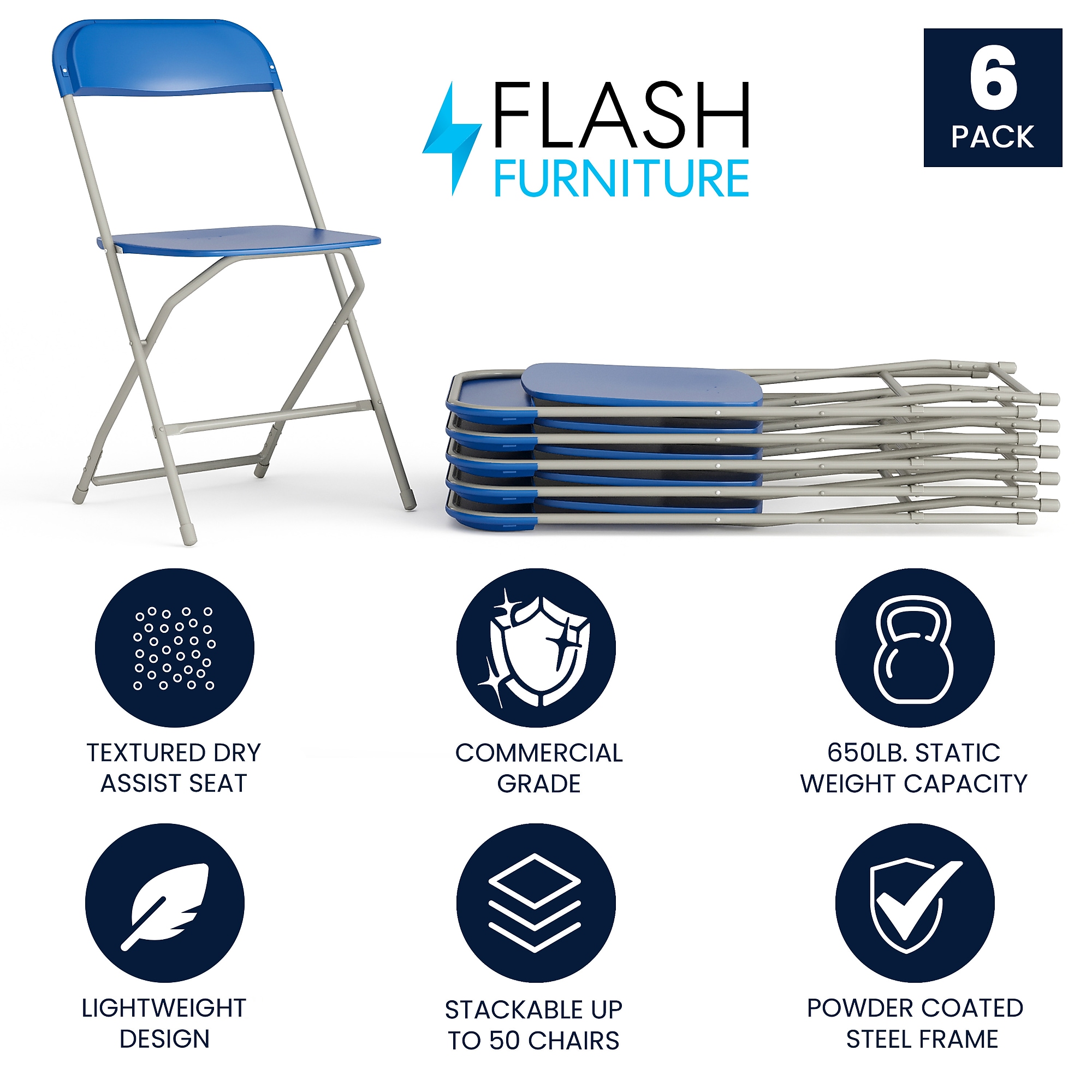 Flash Furniture HERCULES Plastic Folding Chair, Blue, 6/Pack (6LEL3BLUE) Sansujyuku sansujyuku.com