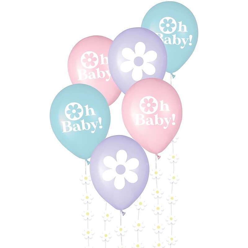 Party City Daisy Baby Shower 12" Latex Balloons with Tails, 6/Pack (AM116462-NS) image 1