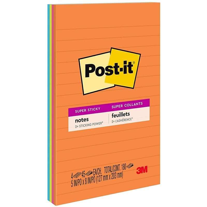 Post-it Super Sticky Notes, 5" x 8", Energy Boost Collection, Lined, 45 Sheet/Pad, 4 Pads/Pack (5845SSUC) image 1