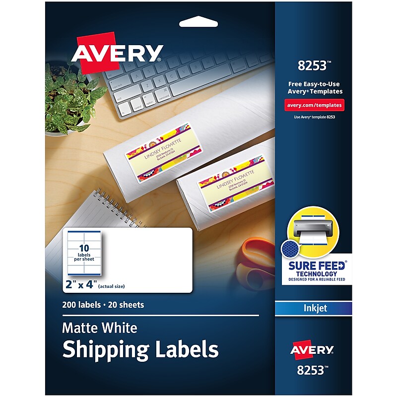 Avery Sure Feed Inkjet Shipping Labels, 2" x 4", White, 200 Labels/Pack (8253) image 1