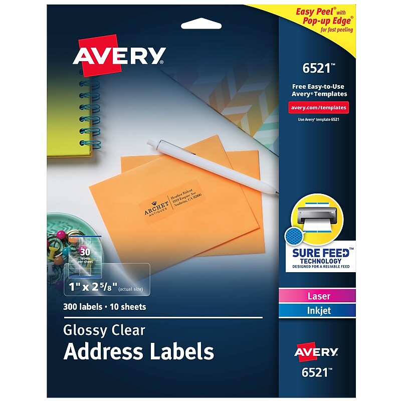 Avery Easy Peel Laser/Inkjet Address Labels, 1" x 2-5/8", Glossy Clear, 300 Labels/Pack (6521) image 1
