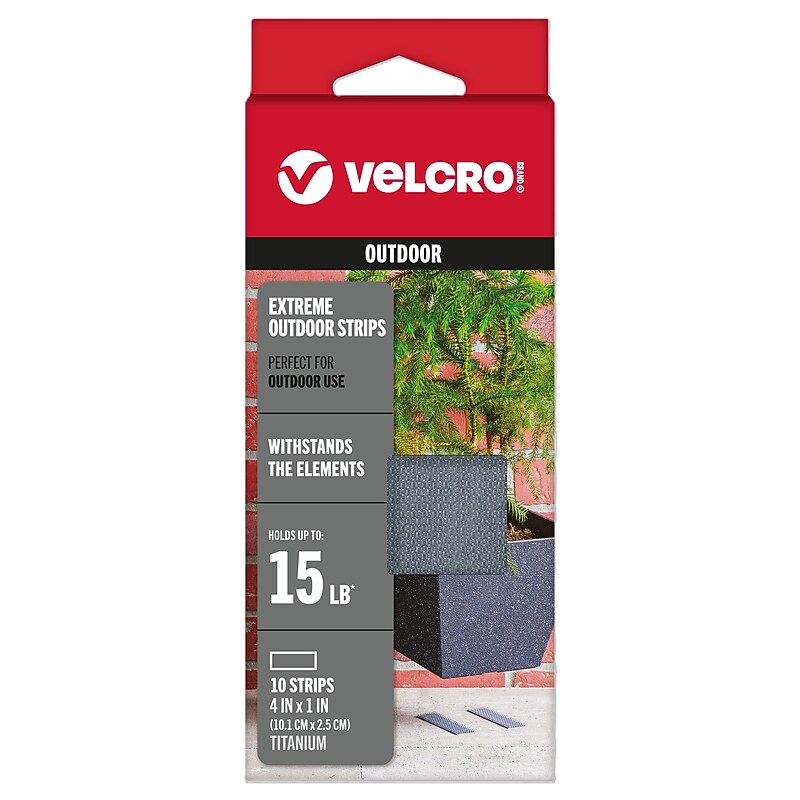 Velcro Brand Industrial Strength Extreme 1" x 4" Hook & Loop Fastener Strips, Titanium, 10/Pack (90812) image 1