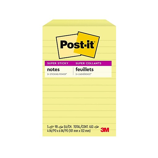 Postit Super Sticky Notes, 4" x 6", Canary Collection, Lined, 90 Sheet