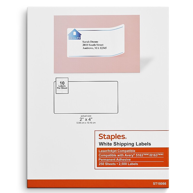 Staples Laser/Inkjet Shipping Labels, 2" x 4", White, 10 Labels/Sheet, 250 Sheets/Pack, 2500 Labels/Box (ST18066-CC) image 1