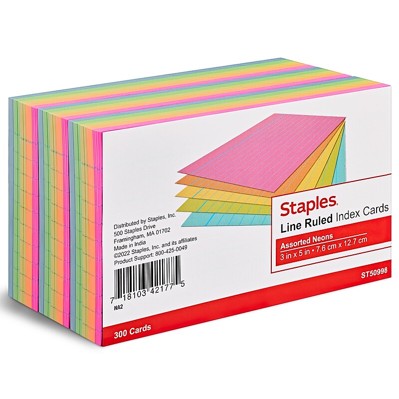 Staples 3" x 5" Index Cards, Lined, Assorted Colors, 300/Pack (TR50998) image 1
