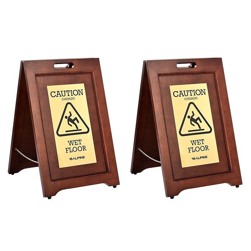 Alpine Industries Wet Floor Sign, 24" x 15", Rubber Wood/Brass, 2/Pack (499-BRA-2PK) image 1