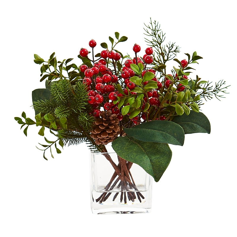 Nearly Natural Berry, Pine and Boxwood Artificial Arrangement (4260) image 1