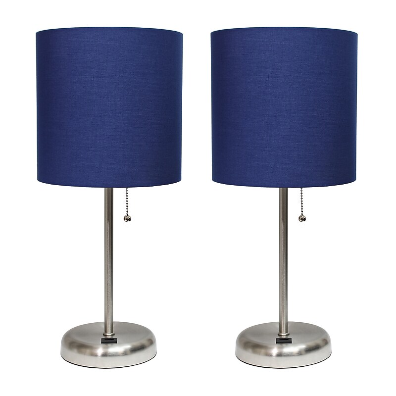 Creekwood Home Oslo Duo 19.5" LED Table Lamp with USB Port, Brushed Steel/Navy Blue Shade, 2/Set (CWT-2012-NV-2PK) image 1
