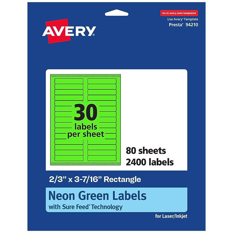 Avery Laser/Inkjet Multipurpose Rectangle Labels, 2/3" x 3-7/16", Neon Green, 2400/Box (94210) image 1