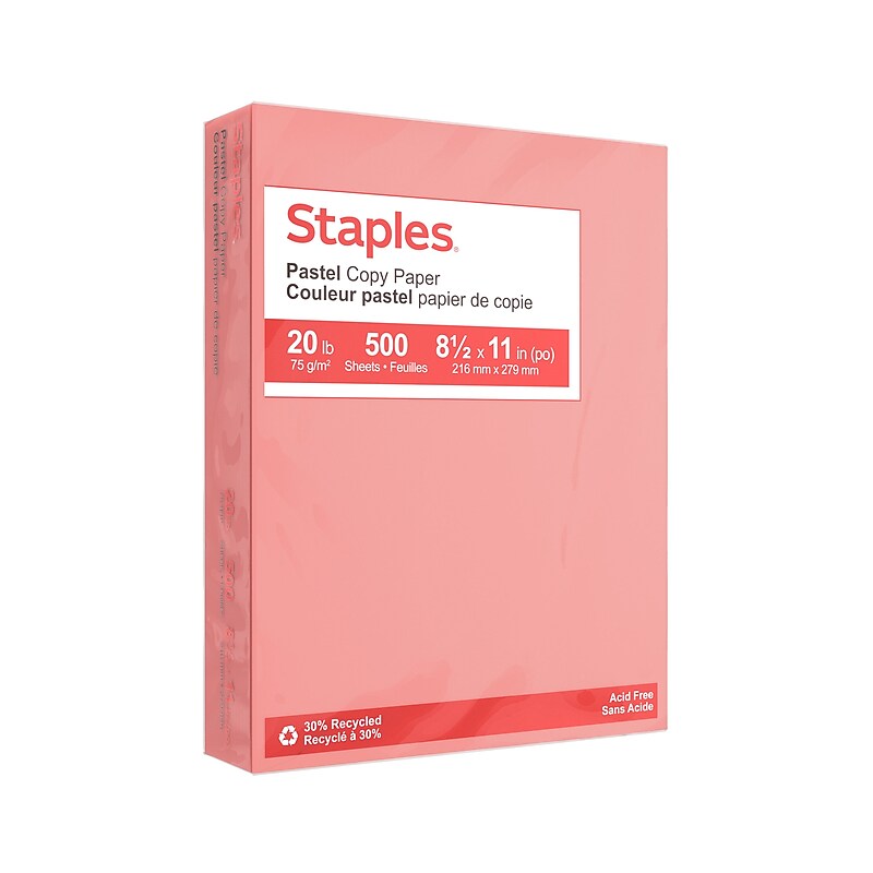 Staples Pastel 30% Recycled Color Copy Paper, 20 lbs., 8.5" x 11", Salmon, 500/Ream (14783) image 1