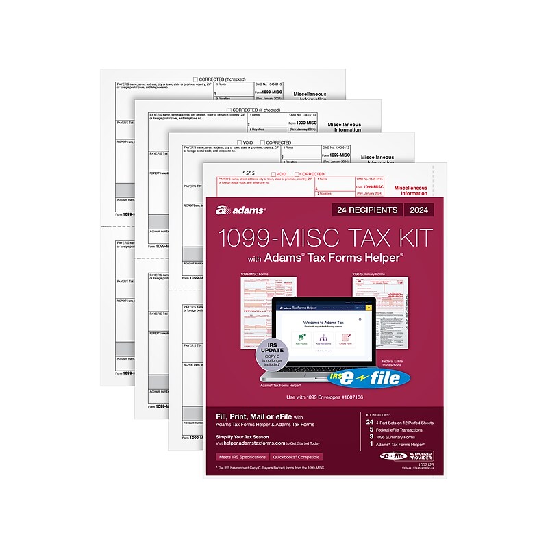 Adams 2024 1099-MISC Tax Form with e-files and Access to Adams Tax Forms Helper, 4-Part, 2-Up, Copy A, 1, B, 2, 24/Pack image 1