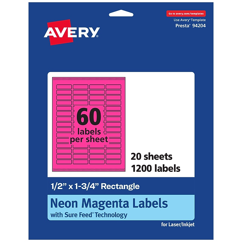 Avery Laser/Inkjet Rectangle Multipurpose Labels, 0.5" x 1.75", Neon Magenta, 1200/Pack (94204) image 1