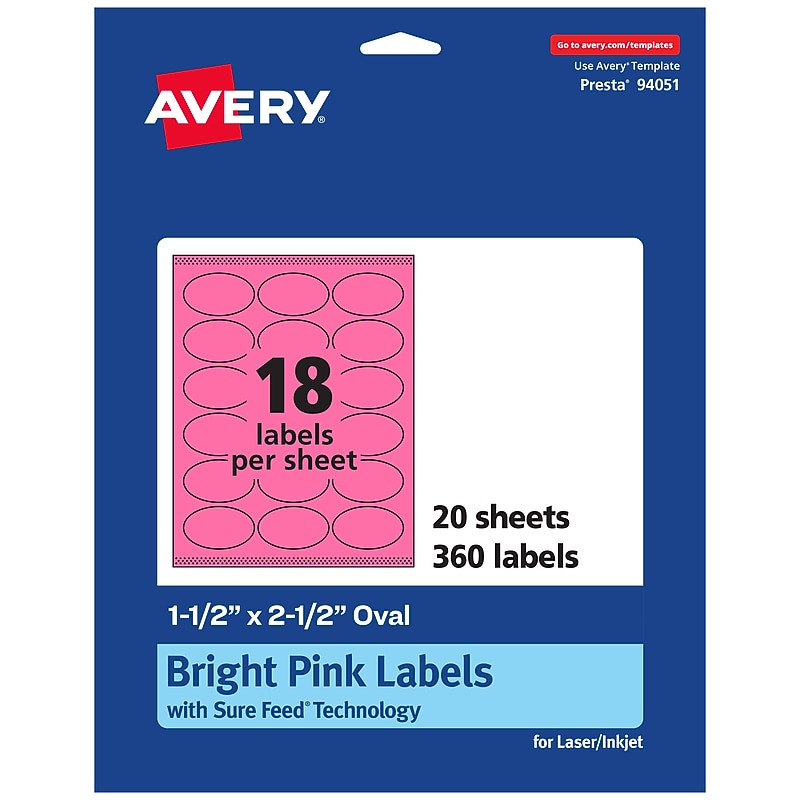 Avery Laser/Inkjet Oval Multipurpose Labels, 1.5" x 2.5", Bright Pink, 360/Pack (94051) image 1