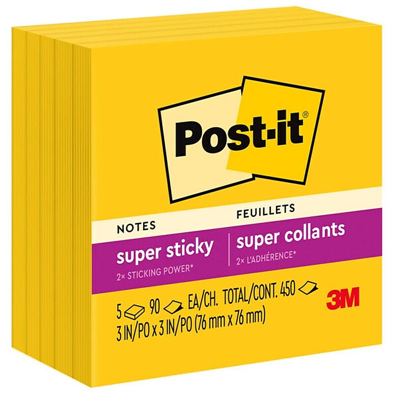 Post-it Super Sticky Notes, 3" x 3", Yellow, 90 Sheet/Pad, 5 Pads/Pack (6545SSY) image 1