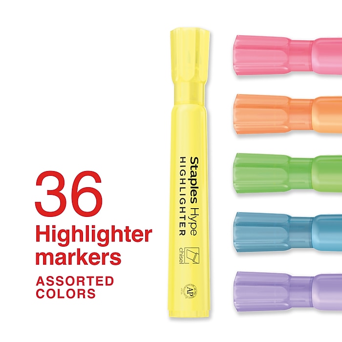 Staples Hype Tank Highlighter, Chisel Tip, Assorted, 36/Pack