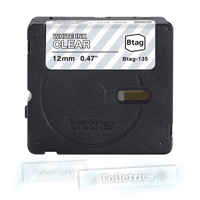 Brother Genuine P-touch Btag White on Clear Label Tape, 1/2 in x