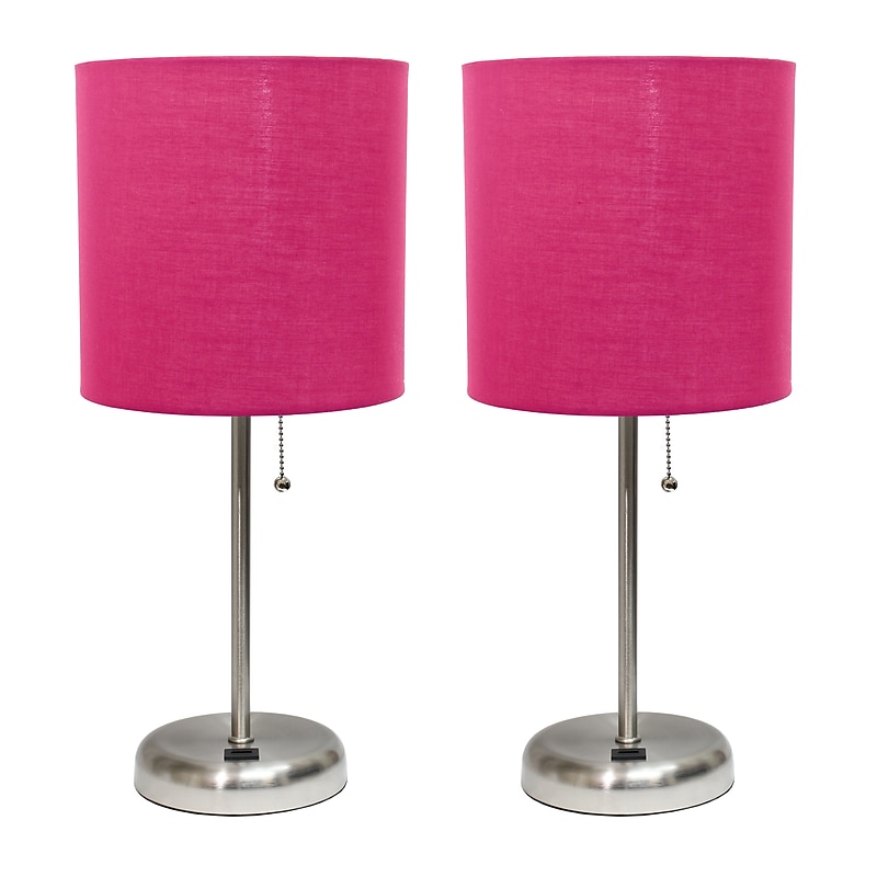 Creekwood Home Oslo Duo 19.5" LED Table Lamp with USB Port, Brushed Steel/Pink Shade, 2/Set (CWT-2012-PN-2PK) image 1