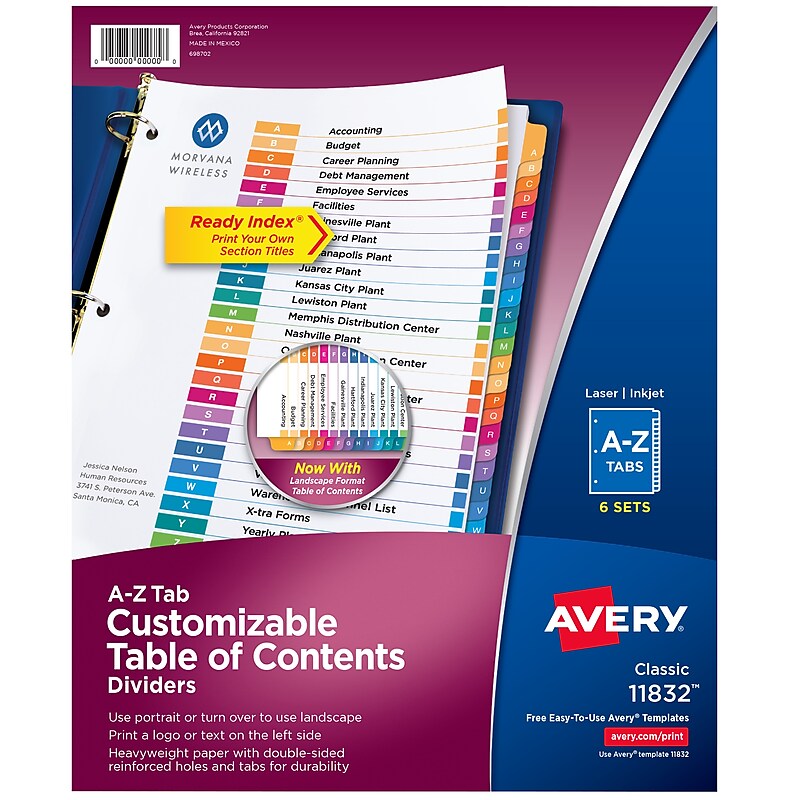Avery Ready Index Table of Contents Pre-Printed Paper Divider, A-Z Tabs , Multicolor, 6 Sets (11832) image 1