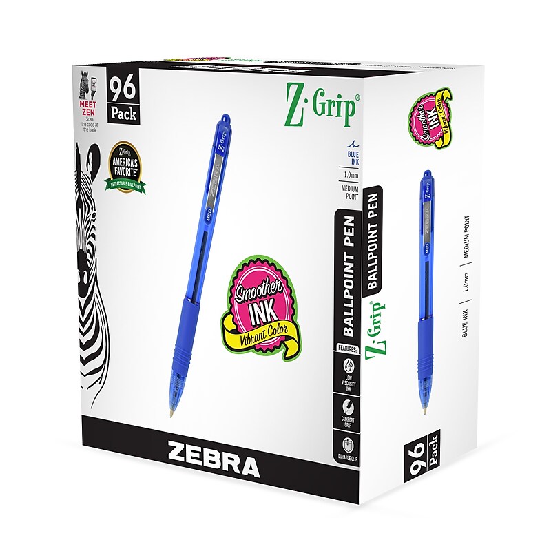 Zebra Z-Grip Retractable Ballpoint Pen, Medium Point, 1.0mm, Blue Ink, 96/Pack (22296) image 1