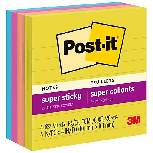 Postit Super Sticky Notes, 4" x 4", Summer Joy Collection, Lined, 90