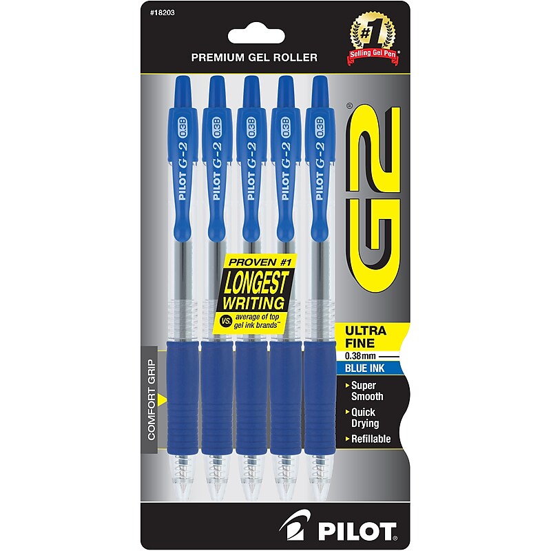 Pilot G2 Retractable Gel Pen, Ultra Fine Point, 0.38mm, Black Ink, 5/Pack (18203) image 1