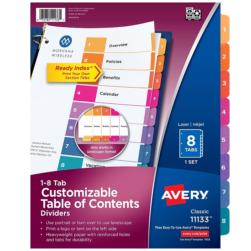 Avery Ready Index Table of Contents Paper Dividers, 1-8 Tabs, Multicolored (11133) image 1