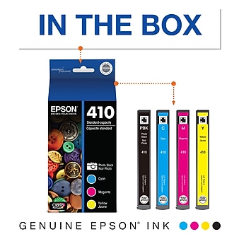 Epson T410 Cyan/Magenta/Yellow/Photo Black Standard Yield Ink Cartridge, 4/Pack (T410520S)