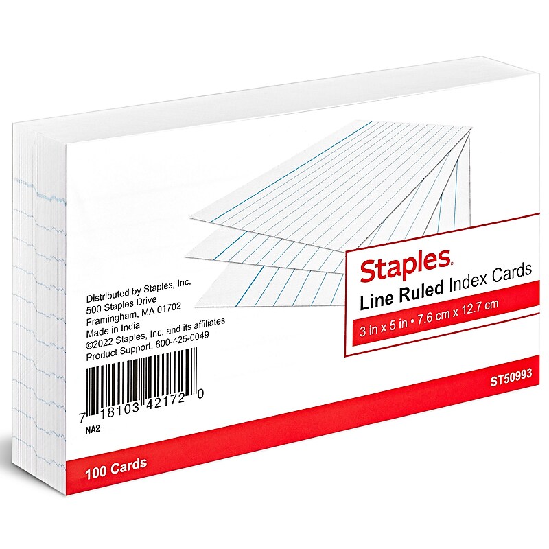 Staples 3" x 5" Index Cards, Narrow Ruled, White, 100/Pack (TR50993) image 1