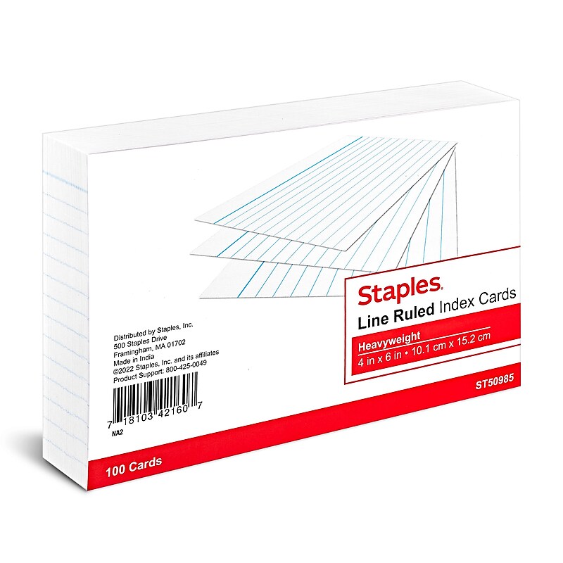 Staples™ 4" x 6" Index Cards, Lined, White, 100/Pack (TR50985) image 1