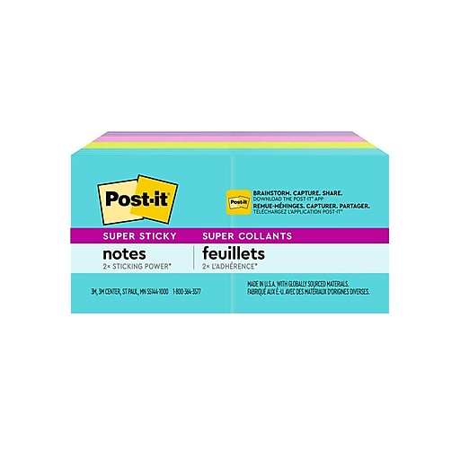 Post-it Super Sticky Notes, 1 7/8 in x 1 7/8 in, 8 Pads, 90 Sheets/Pad, 2x  the Sticking Power, Playful Primaries Collection - Zerbee