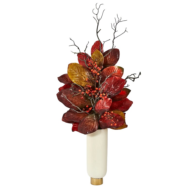Nearly Natural 38" Autumn Magnolia Leaf with Berries Artificial Plant in Cream Planter with Gold Base (P1544) image 1
