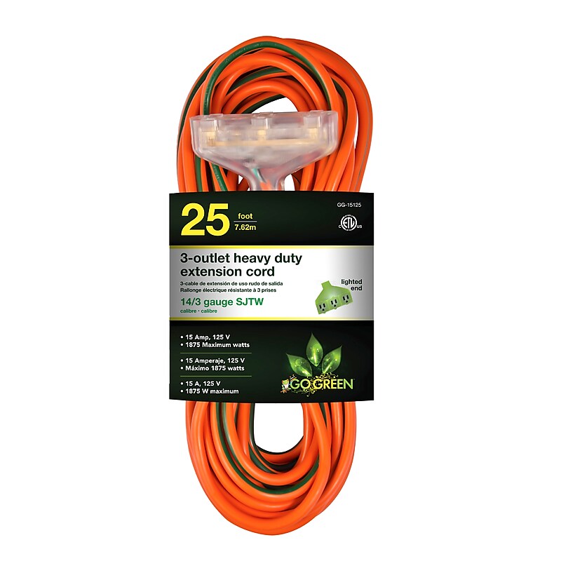 GoGreen Power 25' Indoor/Outdoor Extension Cord, 3-Outlet, 14 AWG, Orange (GG-15125) image 1