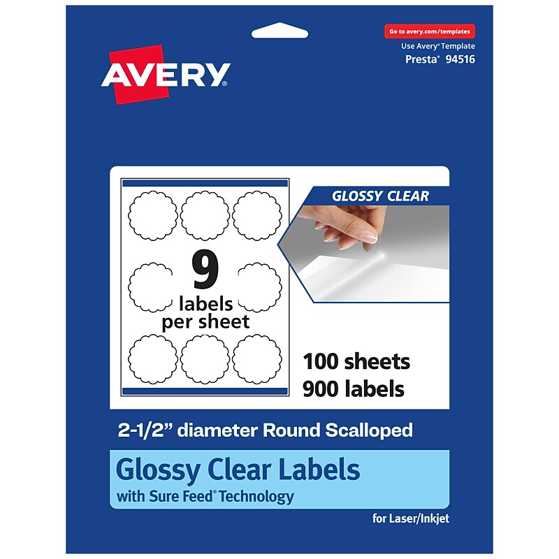 Avery Laser/Inkjet Multipurpose Labels, 2.5" x ", Glossy Clear, 900/Box (94516) image 1