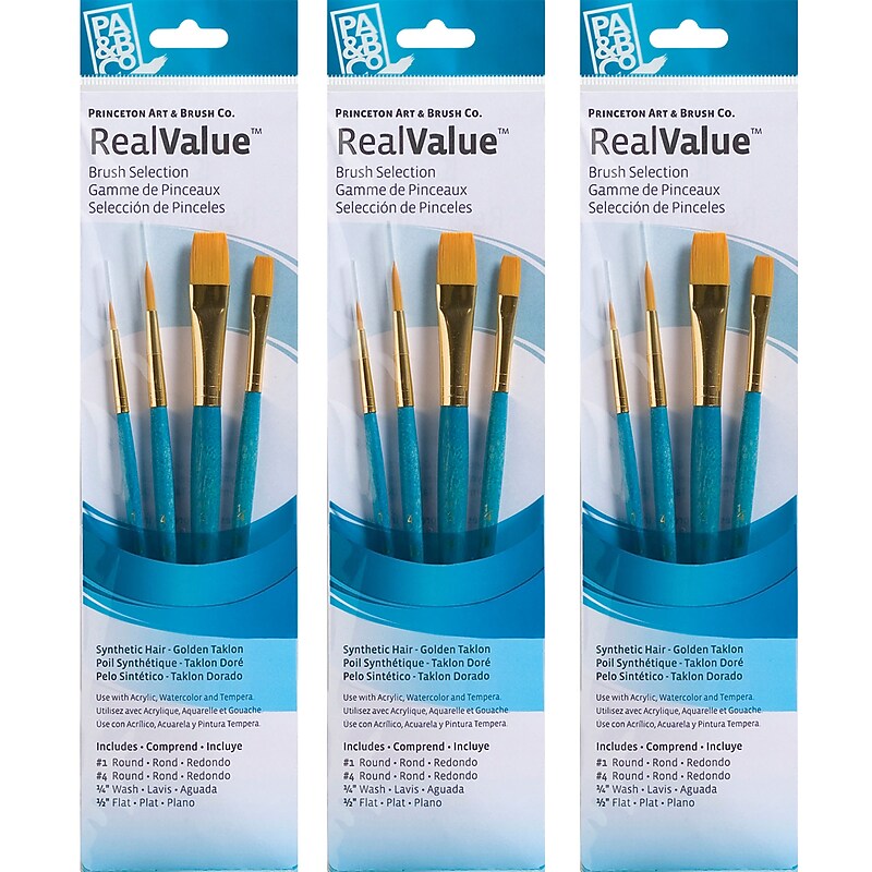 Princeton RealValue Mixed Media Synthetic Taklon Variety Brush Set, Blue, 4/Set, 3 Sets/Bundle (PBXPR9171-3) image 1