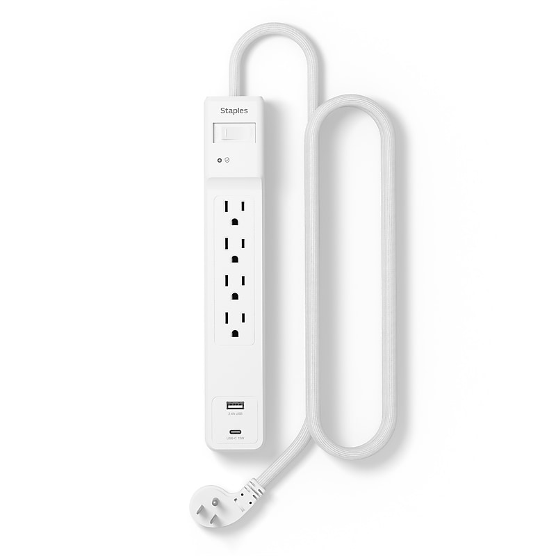 Staples TECH 4-Outlet 2-USB Port Surge Protector, 3', 1800 Joules, White (ST62773) image 1