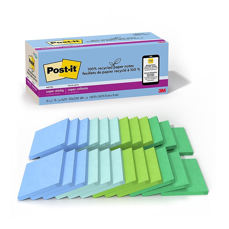 Post-it Recycled Super Sticky Notes, 3" x 3", Oasis Collection, 70 Sheets/Pad, 24 Pads/Pack (654R-24SST-CP) image 1