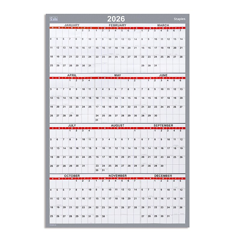 2026 Staples 36" x 24" Yearly Wall Calendar, Red/White/Gray (ST53903-26) image 1
