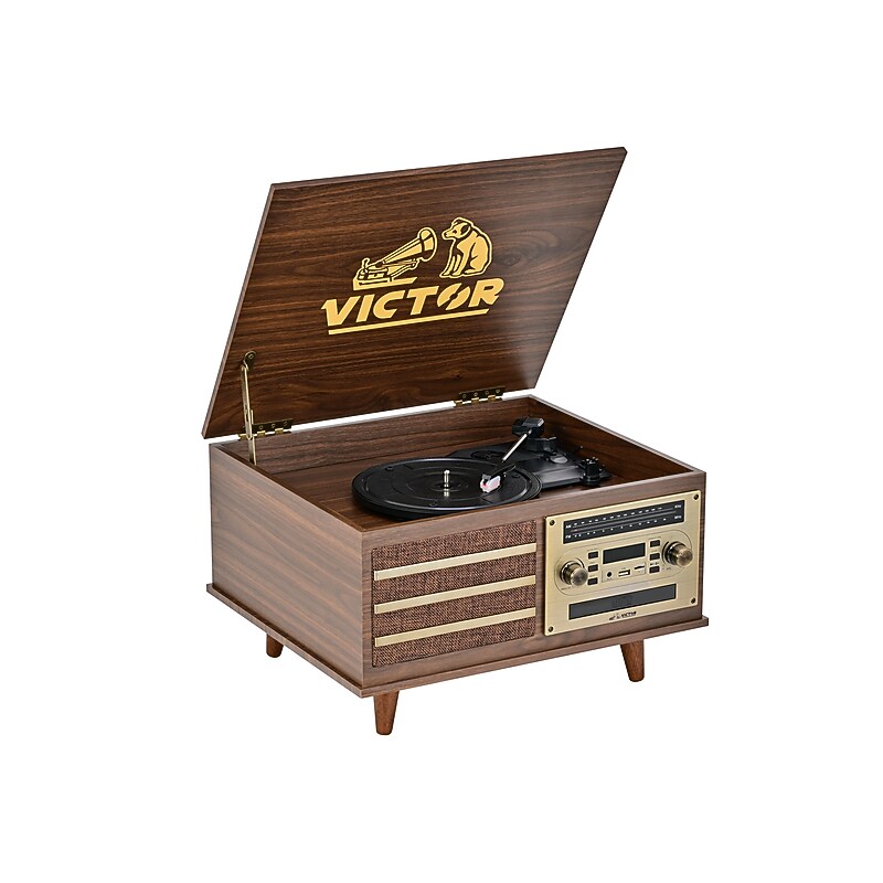 Victor Monroe Retro 8-in-1 Turntable Record Player and Entertainment Center with Bluetooth and Built in Speakers, Walnut image 1