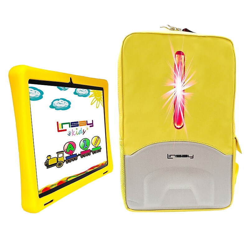 Linsay Octa Core 10.1" Tablet, 4GB RAM, 128GB Storage, Android 13, Bundled with Yellow Kids Case, Earphones, LED Backpack image 1